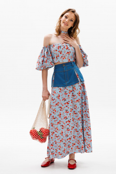 Голубая миди юбка с баской из джинса и карманами EOLA 2602 голубой_ принт - фото 5