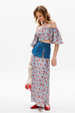 Голубая миди юбка с баской из джинса и карманами EOLA 2602 голубой_ принт - фото 4