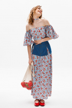 Голубая миди юбка с баской из джинса и карманами EOLA 2602 голубой_ принт - фото 2