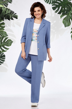 Летний деловой комплект из жакета, брюк и майки из текстиля БагираАнТа 943 голубой - фото 1