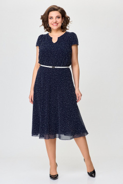 Летнее платье из шифона с круглым вырезом и резинкой по талии Slaviaelit 535 синий/белый_горошек - фото 1