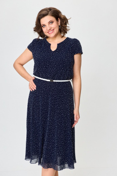 Летнее платье из шифона с круглым вырезом и резинкой по талии Slaviaelit 535 синий/белый_горошек - фото 4