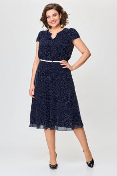 Летнее платье из шифона с круглым вырезом и резинкой по талии Slaviaelit 535 синий/белый_горошек - фото 3