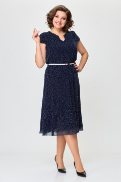 Летнее платье из шифона с круглым вырезом и резинкой по талии Slaviaelit 535 синий/белый_горошек - фото 2