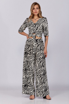 Летний бежевый комплект из блузы и брюк с заниженной талией Verita 2287 зебра - фото 1