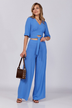 Летний синий комплект из блузы и брюк с завязками Verita 2287 синий - фото 4