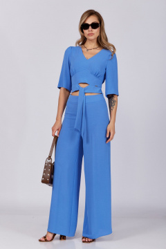 Летний синий комплект из блузы и брюк с завязками Verita 2287 синий - фото 3