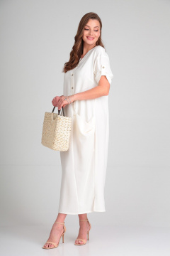 Повседневное платье из искусственного льна с разрезами Michel chic 2094/4 молоко - фото 3