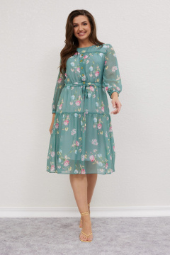 Платье из шифона с воланом и тонким поясом Mislana 616 изумрудный_фон - фото 4