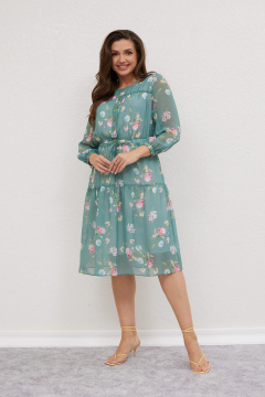 Платье из шифона с воланом и тонким поясом Mislana 616 изумрудный_фон - фото 2