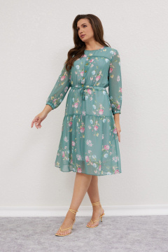 Платье из шифона с воланом и тонким поясом Mislana 616 изумрудный_фон - фото 1
