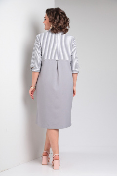 Платье-рубашка из полоски и однотона с асимметричным подрезом Tensi 368 серый+белый - фото 3