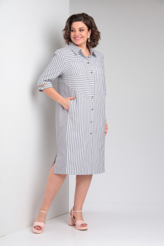 Платье-рубашка из полоски и однотона с асимметричным подрезом Tensi 368 серый+белый - фото 2