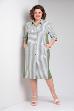 Платье-рубашка прямого силуэта с карманами и полосками Tensi 368 зелёный+белый - фото 1