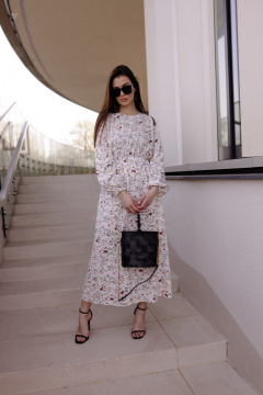 Миди-платье из вискозы с круглой горловиной и рукавом 63 см Krasa М353-24 белый_в_цветы - фото 1