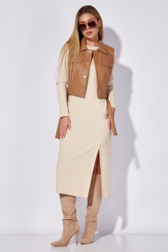 Стильный жилет из эко-кожи с кокетками и рельефами LEANNA-STYLE 6006 коричневый - фото 1