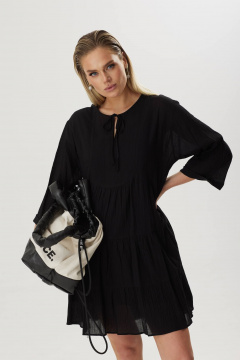 Платье свободного силуэта из хлопка с воланами и завязкой Твой имидж 1856 черный - фото 3