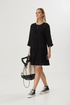 Платье свободного силуэта из хлопка с воланами и завязкой Твой имидж 1856 черный - фото 5