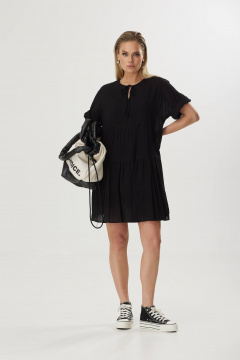 Платье свободного силуэта из хлопка с воланами и завязкой Твой имидж 1856 черный - фото 1