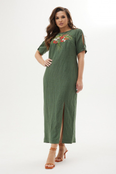 Льняное платье с нагрудными вытачками и вышивкой MALI 424-038 мох - фото 1