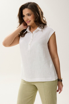Полуприлегающая белая леняная блузка с воротником-стойкой и боковыми шлицами MALI 624-018 белый - фото 3