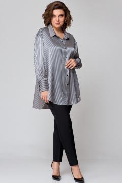 Рубашка свободного кроя из атласной ткани с бантом и закругленными швами AMUARt 1009 сине-бежевая_полоска - фото 5