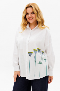 Льняная белая рубашка оверсайз с длинным рукавом и декоративным принтом Michel chic 784 молочный - фото 3