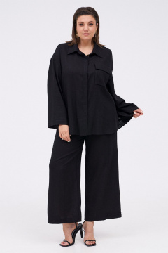 Льняной костюм из рубашки и брюк с разрезами KaVaRi 8023 черный - фото 4