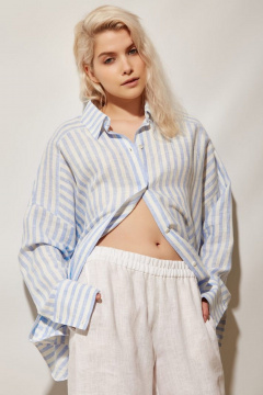Оверсайз льняная рубашка в голубую полоску с разрезами PINA 20810 полоска_голубая - фото 5