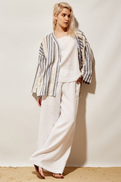 Мультиколор льняная рубашка свободного кроя с разрезами PINA 20811 полоска - фото 2