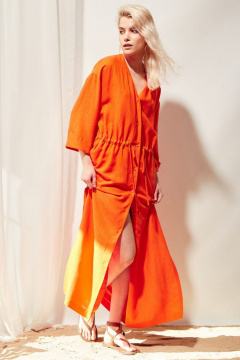 Леняное платье с разрезами, поясом и V-образным вырезом PINA 50405 оранжевый - фото 4