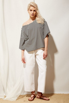 Черно-белый трикотажный джемпер оверсайз с широкой линией плеч PINA 20843 полоска_черная - фото 1