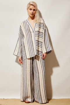 Палаццо из льна с полосатым принтом и высокой посадкой PINA 40160 полоска - фото 1