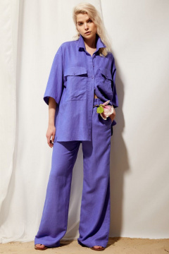 Брюки палаццо из льна с высокой посадкой и поясом PINA 40161 кобальт - фото 2