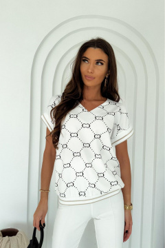 Блуза с коротким рукавом и V-образным вырезом Nika.PL 020114 гучи_бело-черный - фото 1