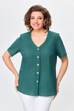Блуза хлопчатобумажная с V-образным вырезом и нагрудными выточками Swallow 743 изумруд - фото 1