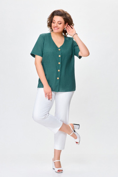 Блуза хлопчатобумажная с V-образным вырезом и нагрудными выточками Swallow 743 изумруд - фото 3