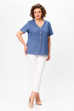 Блуза прямого силуэта из хлопка с V-образным вырезом Swallow 743.1 сизо-голубой - фото 3