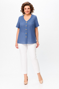 Блуза прямого силуэта из хлопка с V-образным вырезом Swallow 743.1 сизо-голубой - фото 2