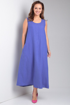 Свободное платье из льна с карманами и округлой горловиной Your size 2226 василек - фото 3