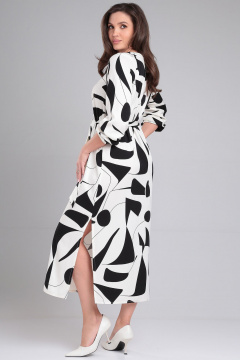 Платье летнее прямого силуэта с разрезом и поясом LeNata 16409 черно-молочный - фото 2