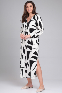 Платье летнее прямого силуэта с разрезом и поясом LeNata 16409 черно-молочный - фото 5