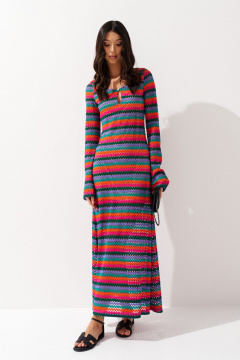 Полуприлегающее ажурное платье яркого цвета с деревянной пуговицей ANNETE A3543 - фото 1