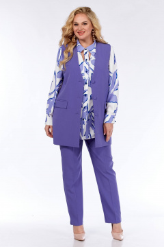 Блуза, брюки, жилет легкий из принтованного шифона Элль-стиль 2297 лаванда/белый - фото 2