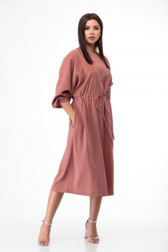 Oversize платье из текстиля с кулиской и лодочным вырезом Anelli 884 терракот - фото 1