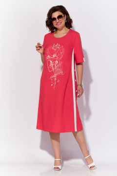 Леновое платье с термостойчной печатью и разрезом Tellura-L 1725 коралл - фото 2