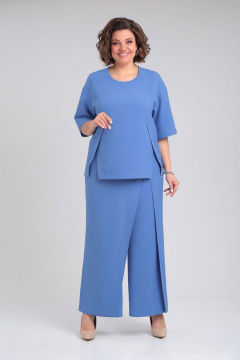 Комплект блуза с шлицами и брюки с имитацией юбки VIA-Mod 632 лазурный - фото 4