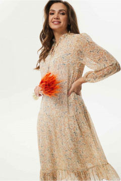 Платье миди из шифона с V-образным вырезом и поясом Mislana С951 бежевый - фото 3