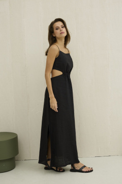 Платье из льна с поясом, высокие разрезы и карманы DAVA 147 черный - фото 3