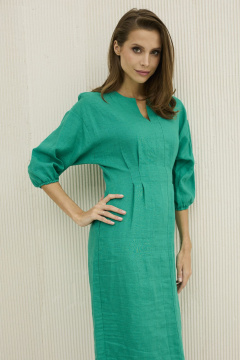 Платье из льна с защипами, поясом и карманами DAVA 148 зеленый - фото 4